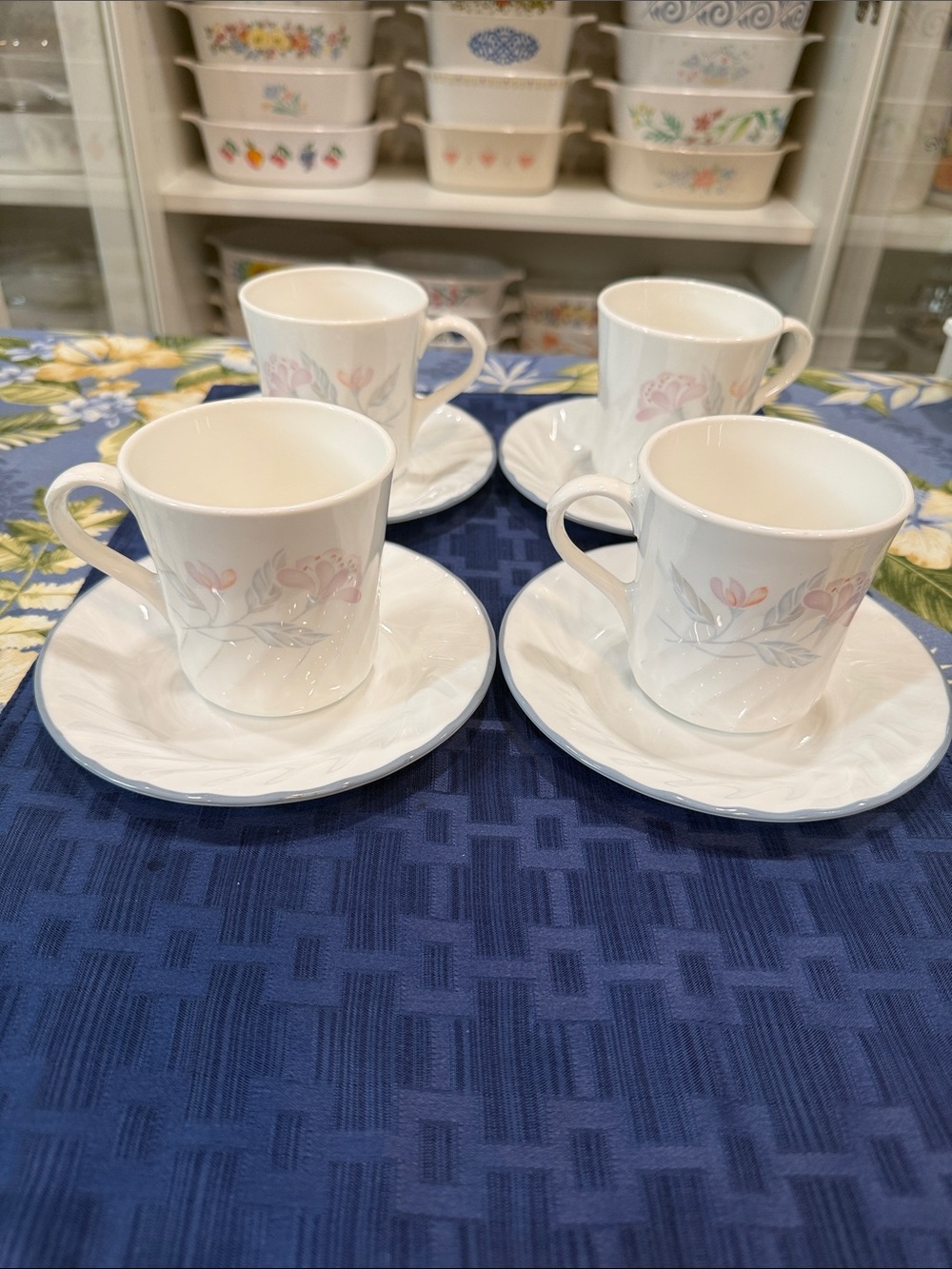 Corelle Vintage Pink Trio design mugs and saucers set of four each.